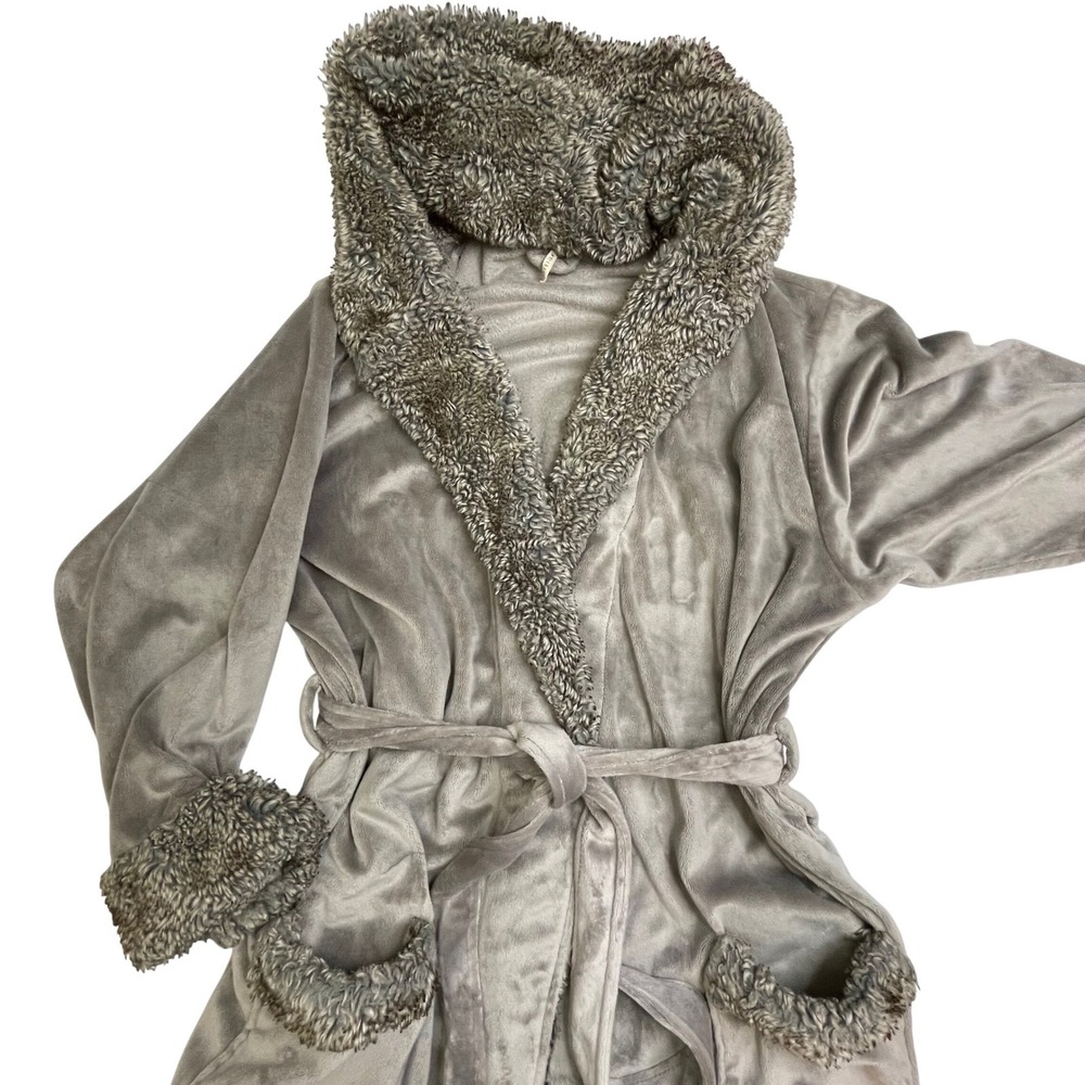 Pottery Barn Gray Plush Hooded Robe Faux Fur‎ Trim Belted Long Loungewear L XL